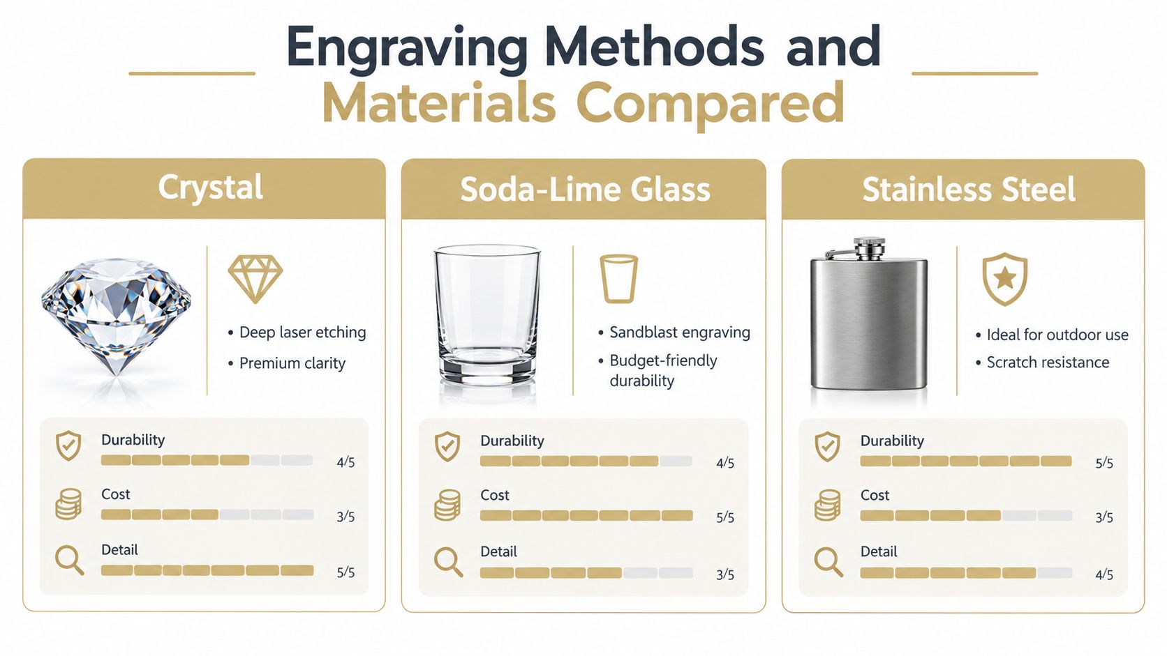 A comparison chart showing engraving methods and materials for crystal, soda-lime glass, and stainless steel products.