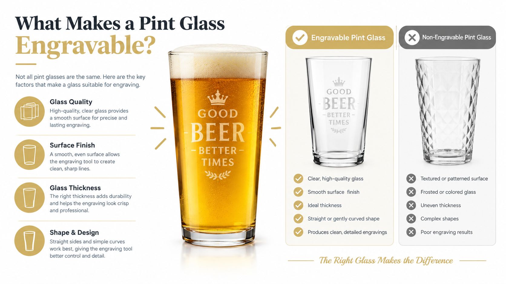 An infographic comparing engravable and non-engravable pint glasses, highlighting key factors like glass quality, finish, and shape.