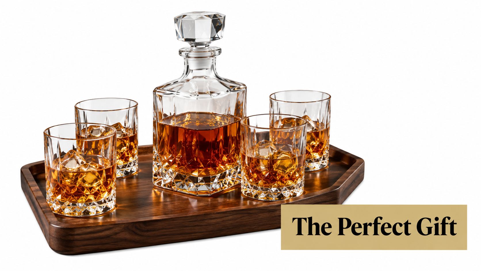 A crystal whisky decanter and four glasses filled with amber liquid on a wooden serving tray.