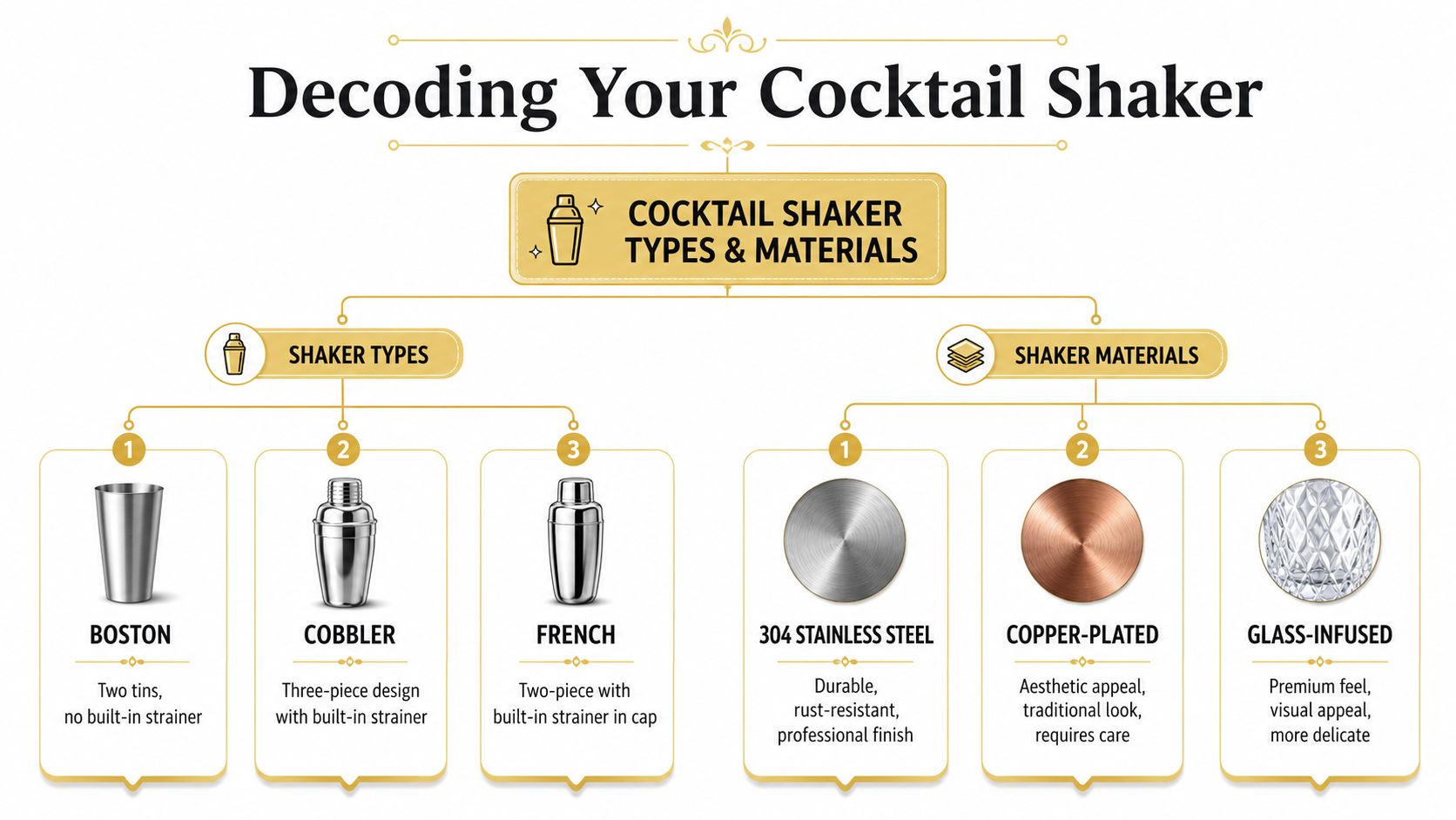 An infographic titled Decoding Your Cocktail Shaker explaining different types and material options for cocktail shakers.