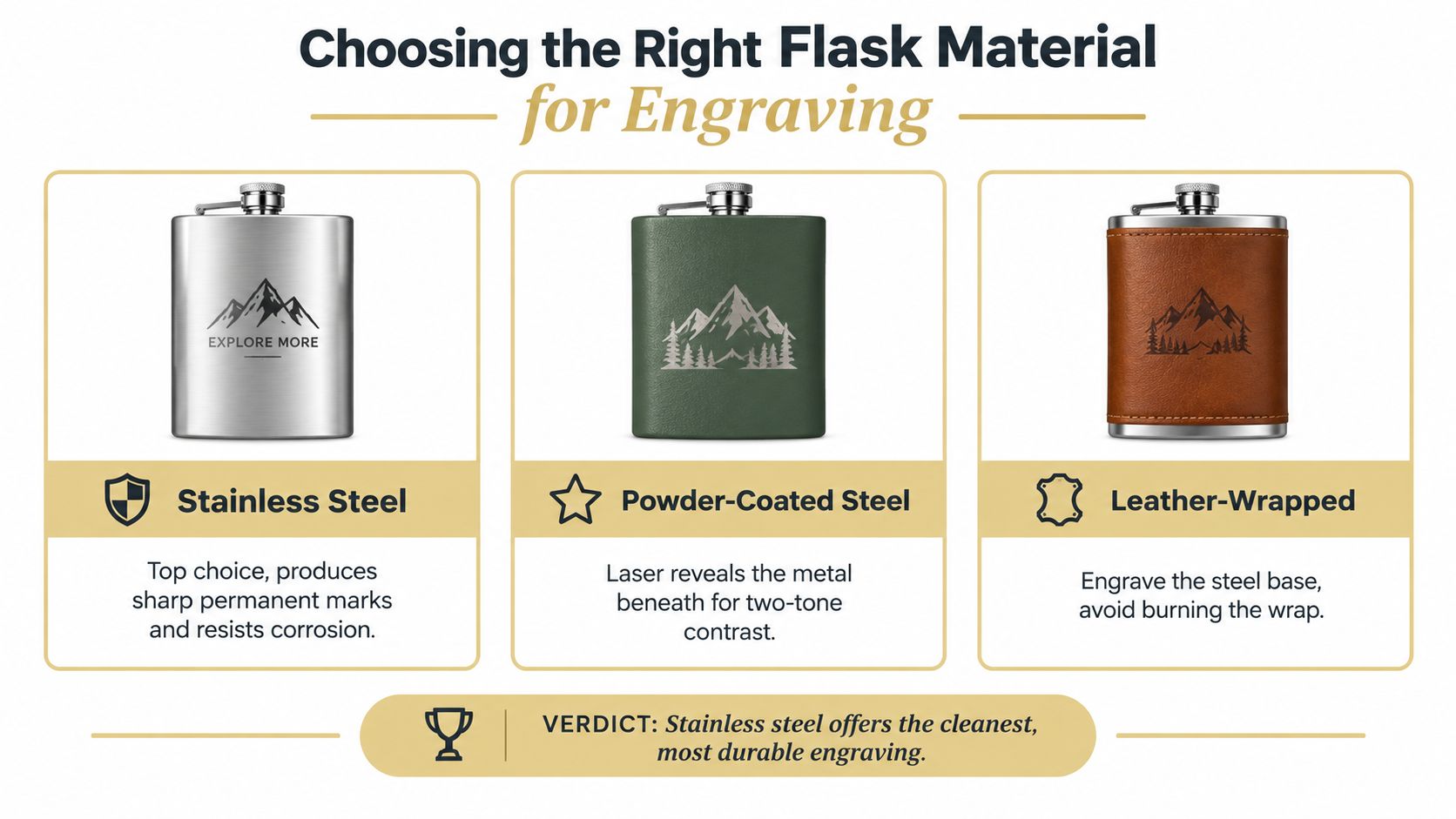 A comparison guide for choosing the best flask material for laser engraving, featuring stainless, powder-coated, and leather options.