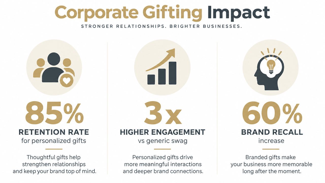 An infographic illustrating the impact of corporate gifting on retention rates, engagement, and brand recall.