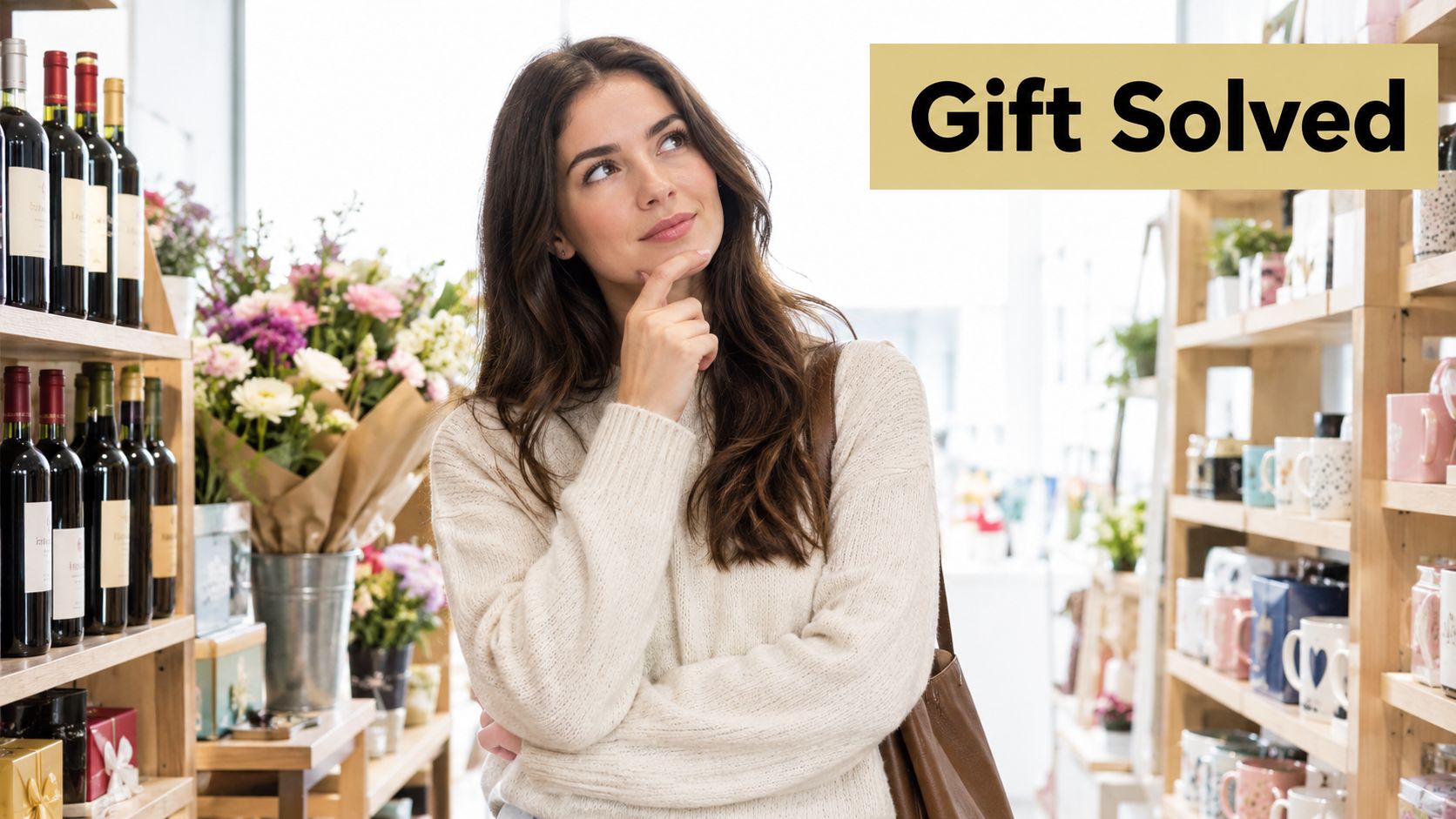 A thoughtful woman standing in a store with gift items, flowers, and wine bottles in the background.