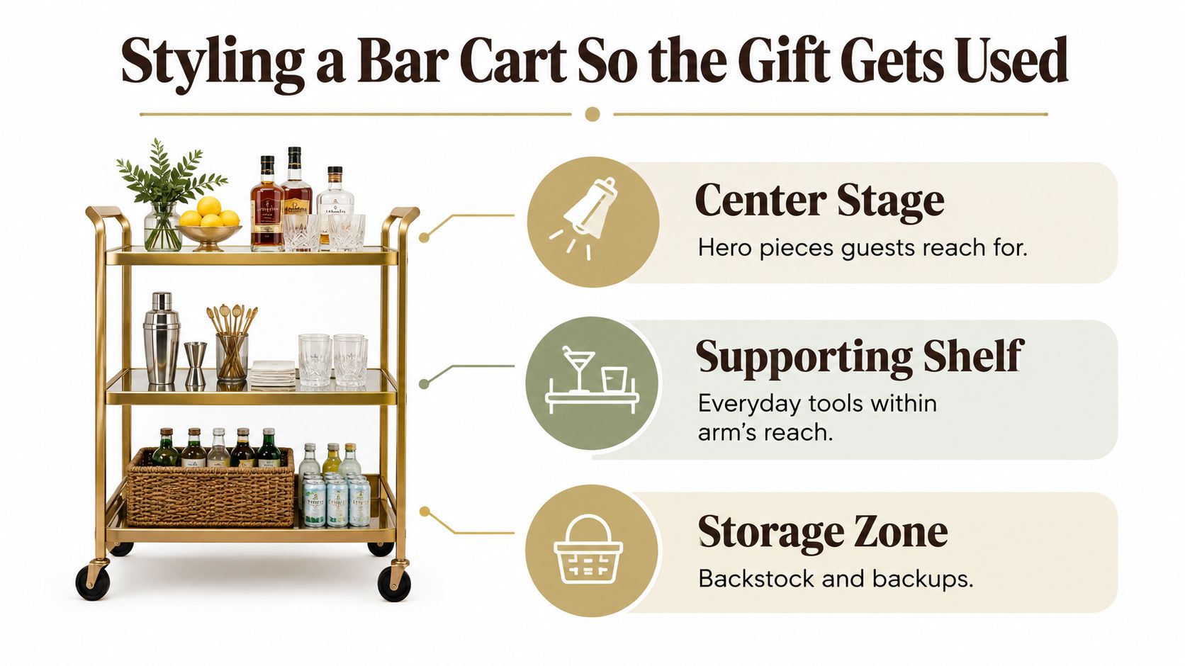 A three-tiered golden bar cart displaying spirits, glassware, and accessories with instructional text on how to style it.