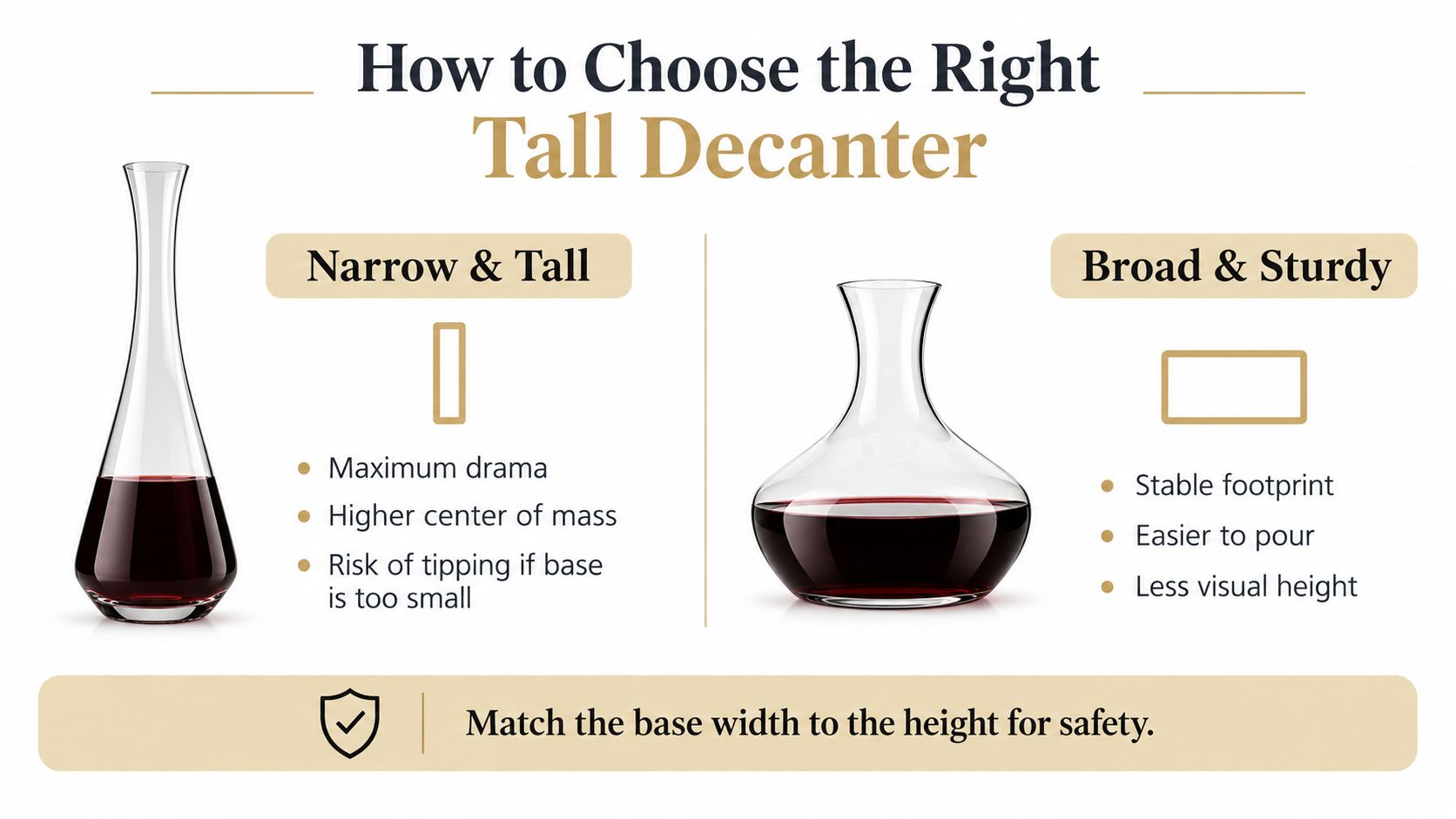 A comparison guide for choosing between narrow, tall decanters and broad, sturdy decanters for wine service.