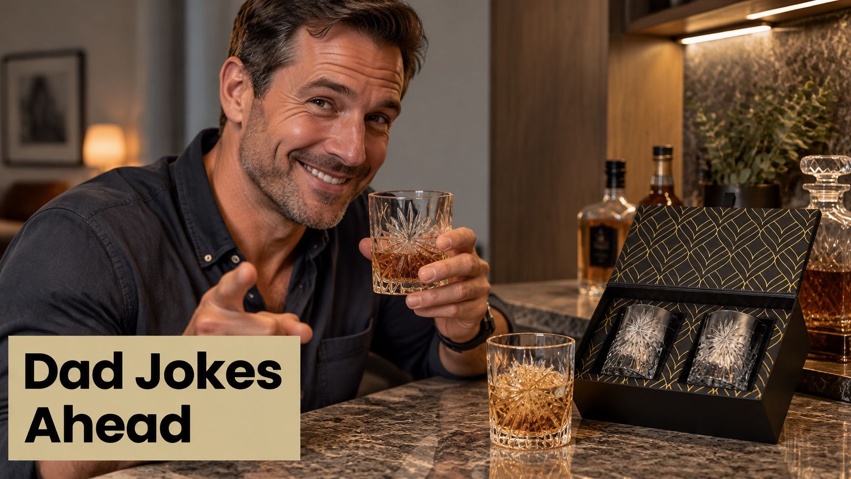 A smiling man holding a whiskey glass at a bar with a box of glassware nearby.