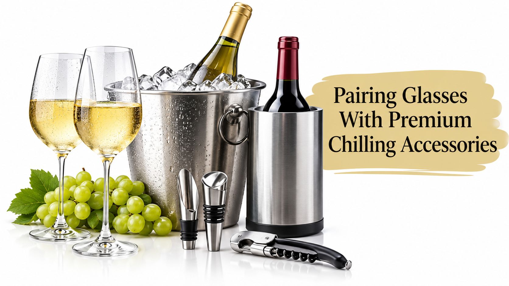 A wine chilling set featuring two glasses, a metal ice bucket with wine, and wine accessories.