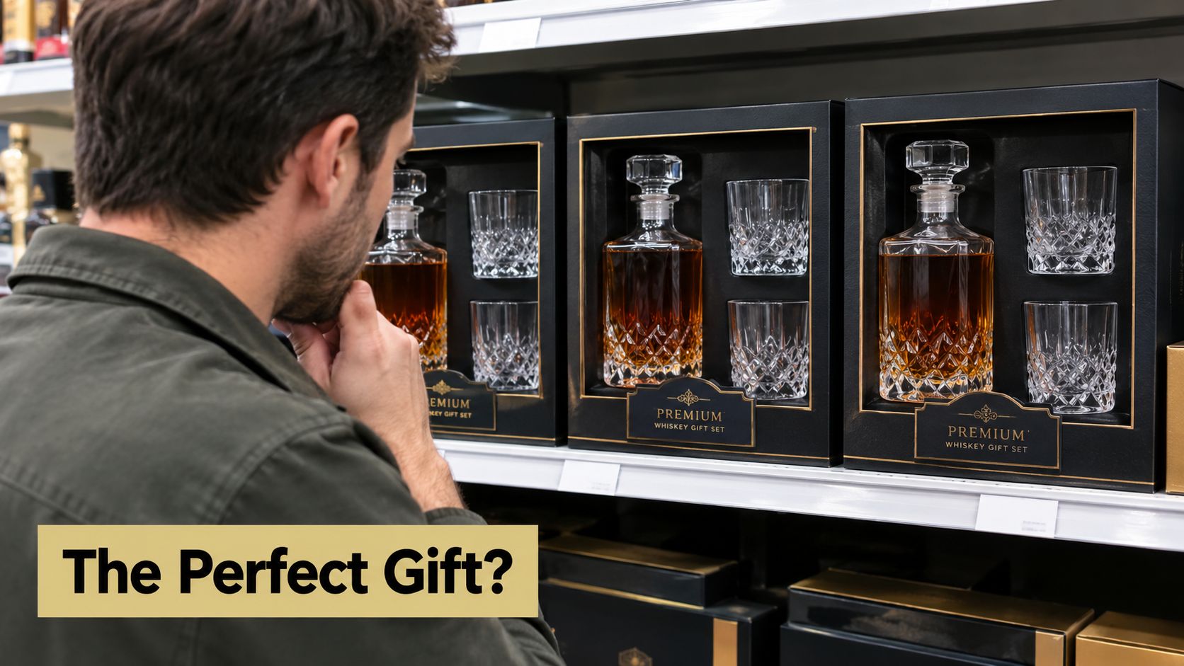 A man in a store looking thoughtfully at several whiskey decanter and glass gift sets on shelves.