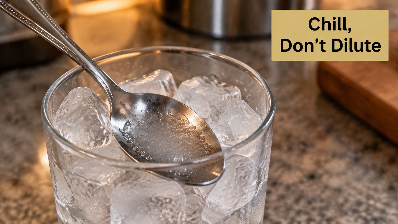 A close-up of a silver spoon resting on top of clear ice cubes inside a glass.
