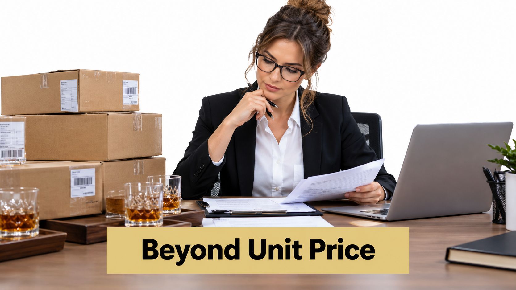 A professional woman in a business suit reviewing documents at a desk with shipping boxes and whiskey glasses.