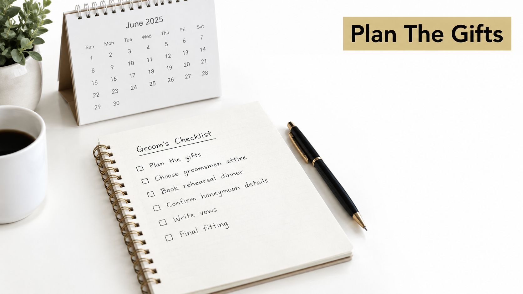 A wedding planner notebook featuring a groomsman checklist next to a June 2025 desk calendar.