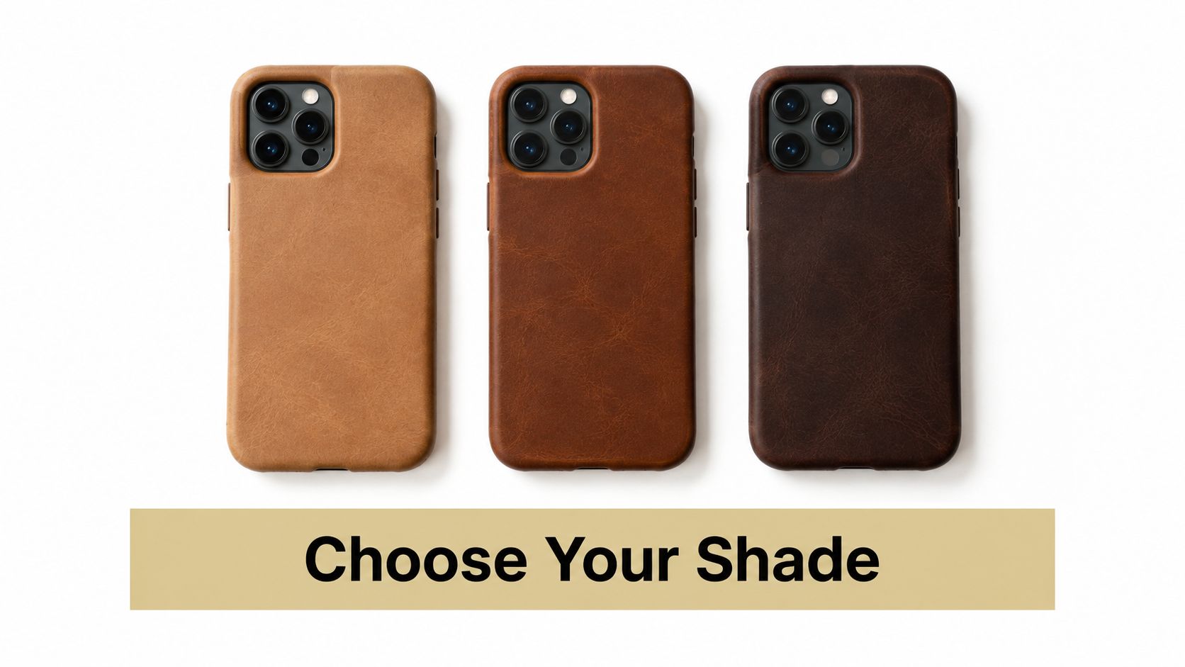 Three premium leather smartphone cases in light, medium, and dark brown shades arranged on a white background.