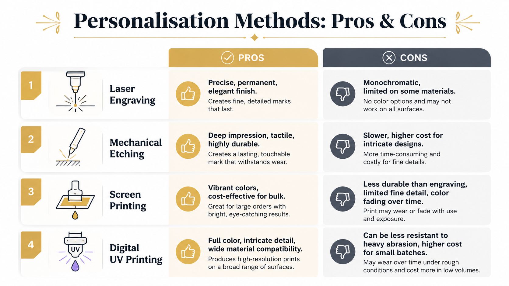 A comparison chart outlining the pros and cons of laser engraving, mechanical etching, screen printing, and UV printing.