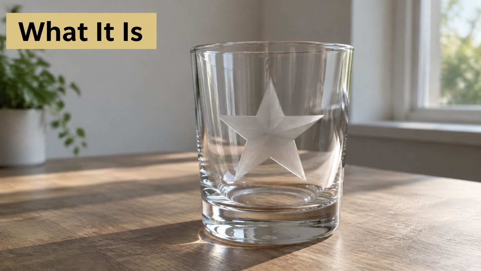A clear glass tumbler featuring a frosted star design sitting on a wooden table in bright light.