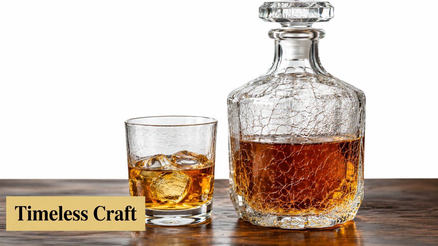 A luxurious crackle glass whiskey decanter and a glass of whiskey with ice on a wooden table.