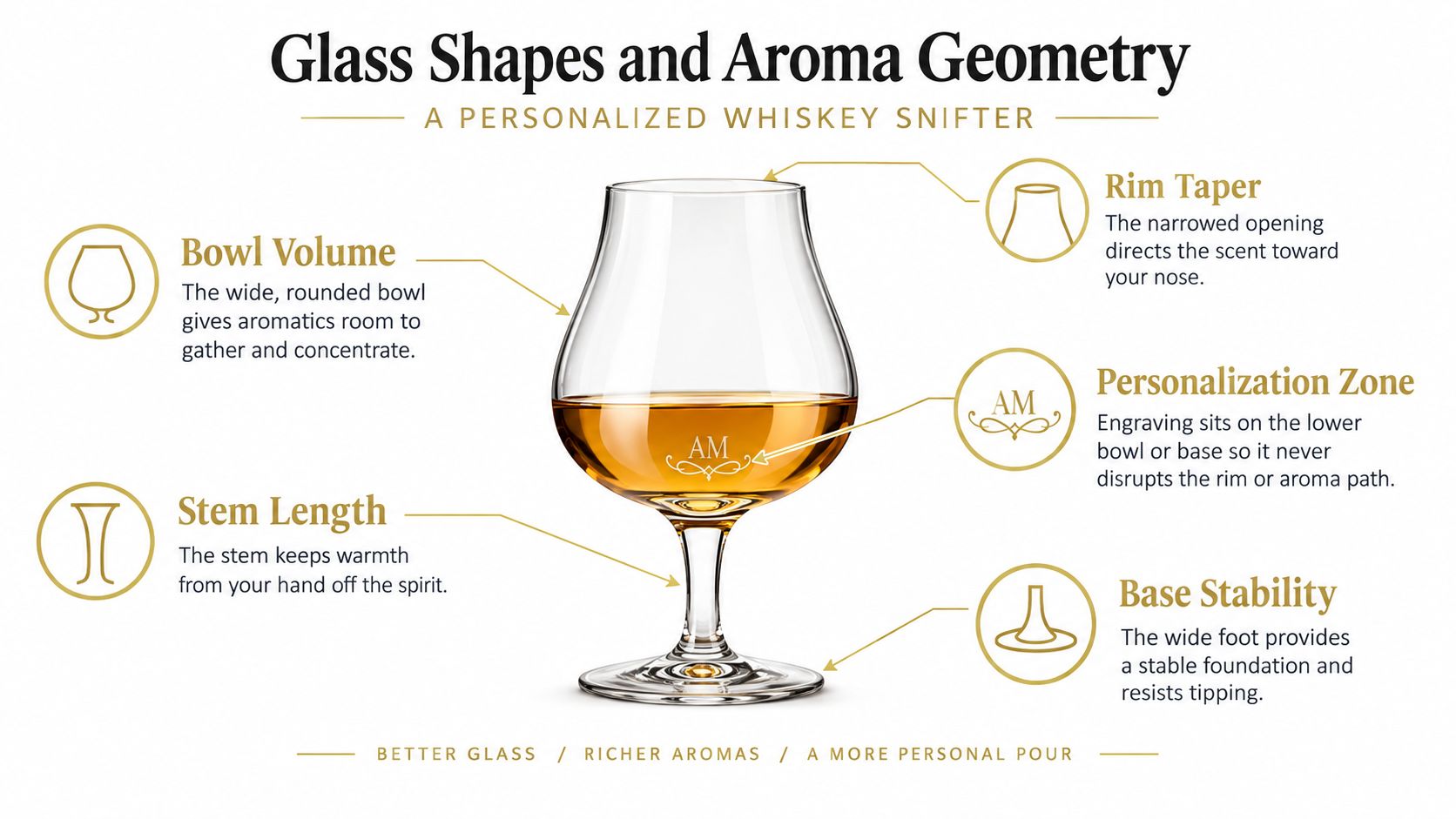 A diagram illustrating the anatomy and design features of a personalized whiskey snifter glass for better aromas.