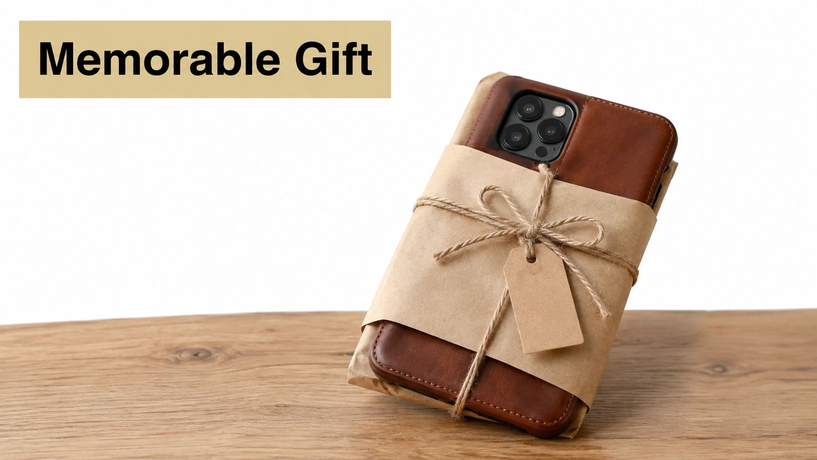 A brown leather phone case wrapped in rustic brown paper with a twine bow and gift tag.