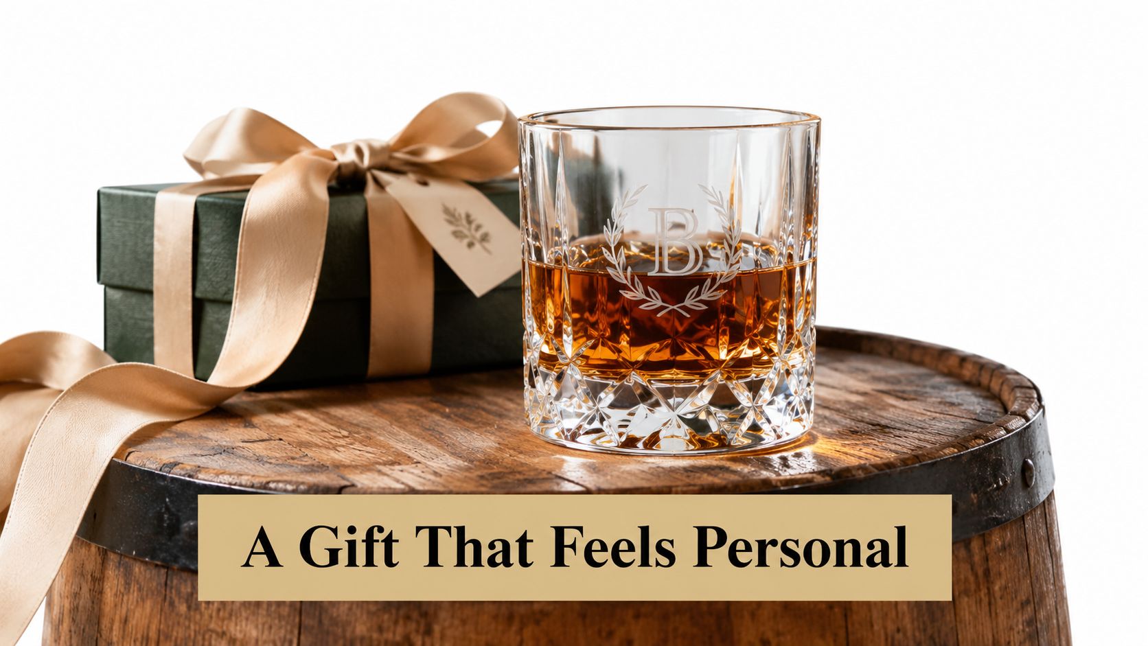 A personalized crystal whiskey tumbler with a monogram etched on it sits atop a rustic wooden barrel.