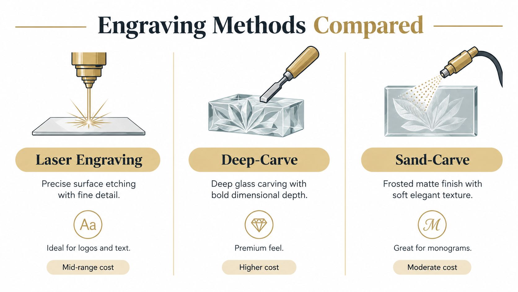 A comparison chart showing three glass engraving methods: Laser Engraving, Deep-Carve, and Sand-Carve with descriptions and costs.