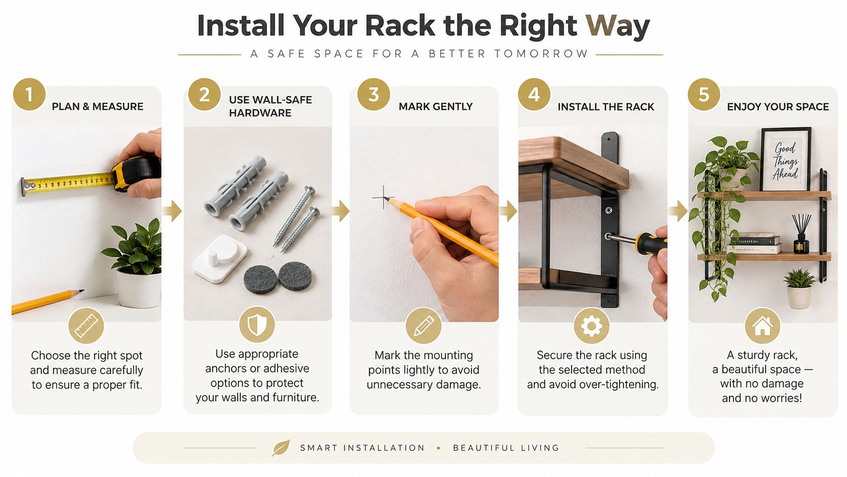 An infographic illustrating five easy steps to properly install a wall-mounted wooden shelf rack safely.