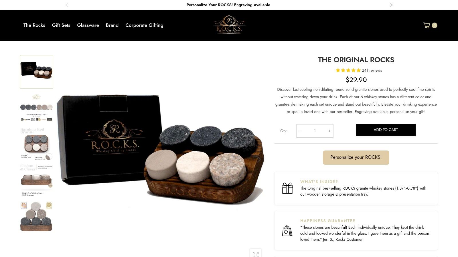 Set of unique granite whiskey chilling stones in a wooden holder, perfect for barware and gifts.