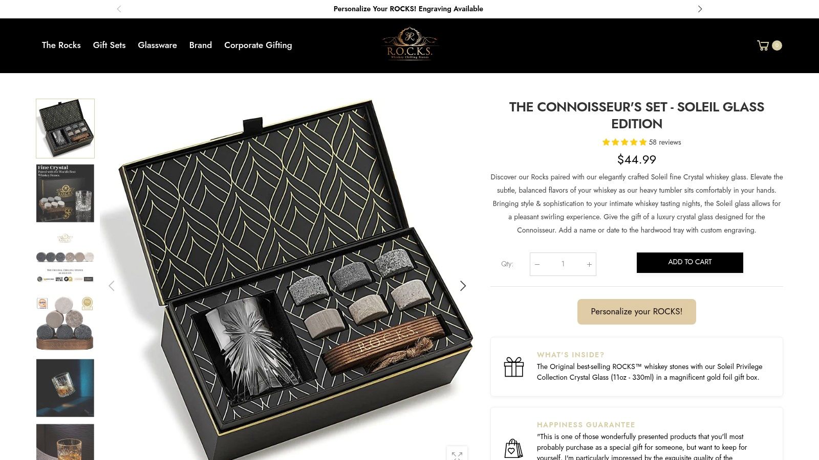 The Connoisseur's Set - Soleil Glass Edition with whiskey chilling stones and elegant packaging.