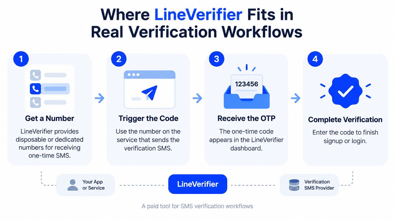 A diagram illustrating the four-step SMS verification workflow using the LineVerifier service for user authentication.