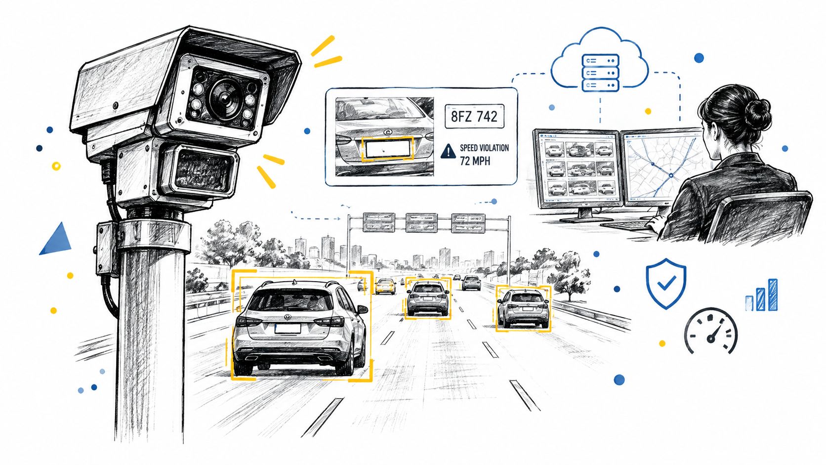 A conceptual illustration of an automated speed camera system monitoring traffic on a highway for violations.
