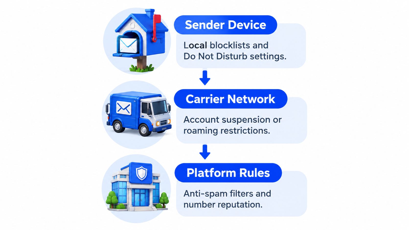 A diagram illustrating three levels of message blocking: sender device settings, carrier network restrictions, and platform rules.