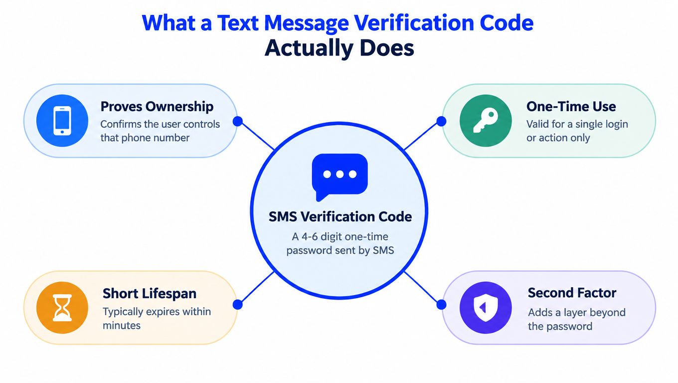 An infographic explaining the functionality of an SMS verification code, highlighting security, ownership, and short-term usage.