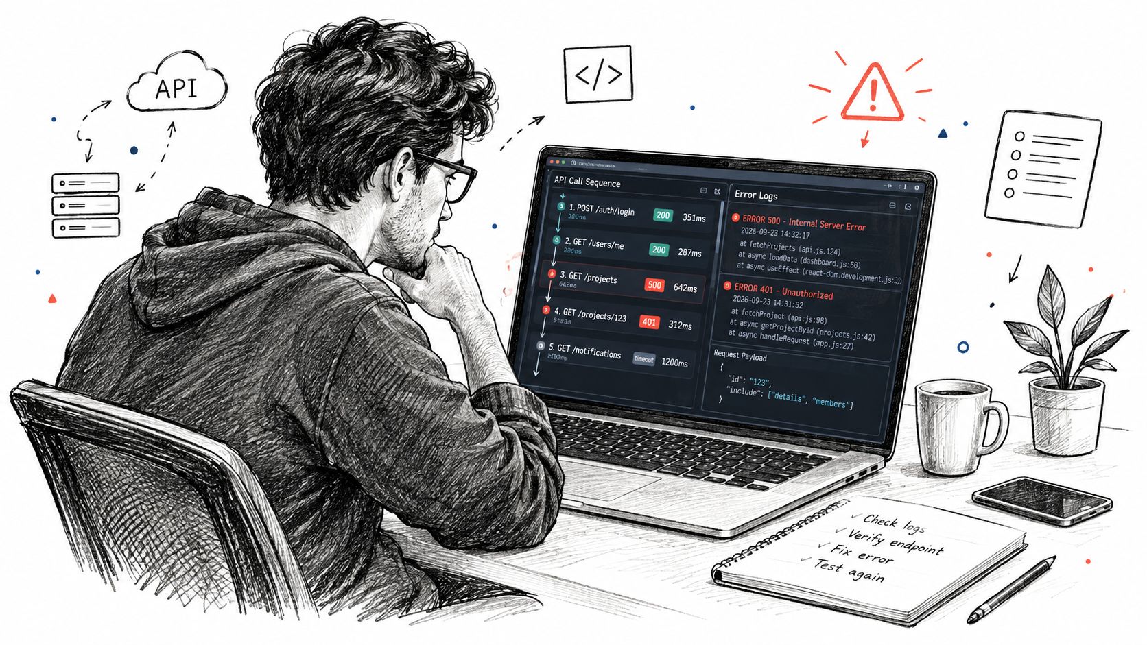 A developer analyzing API request sequences and error logs on a laptop screen in a cozy workspace.