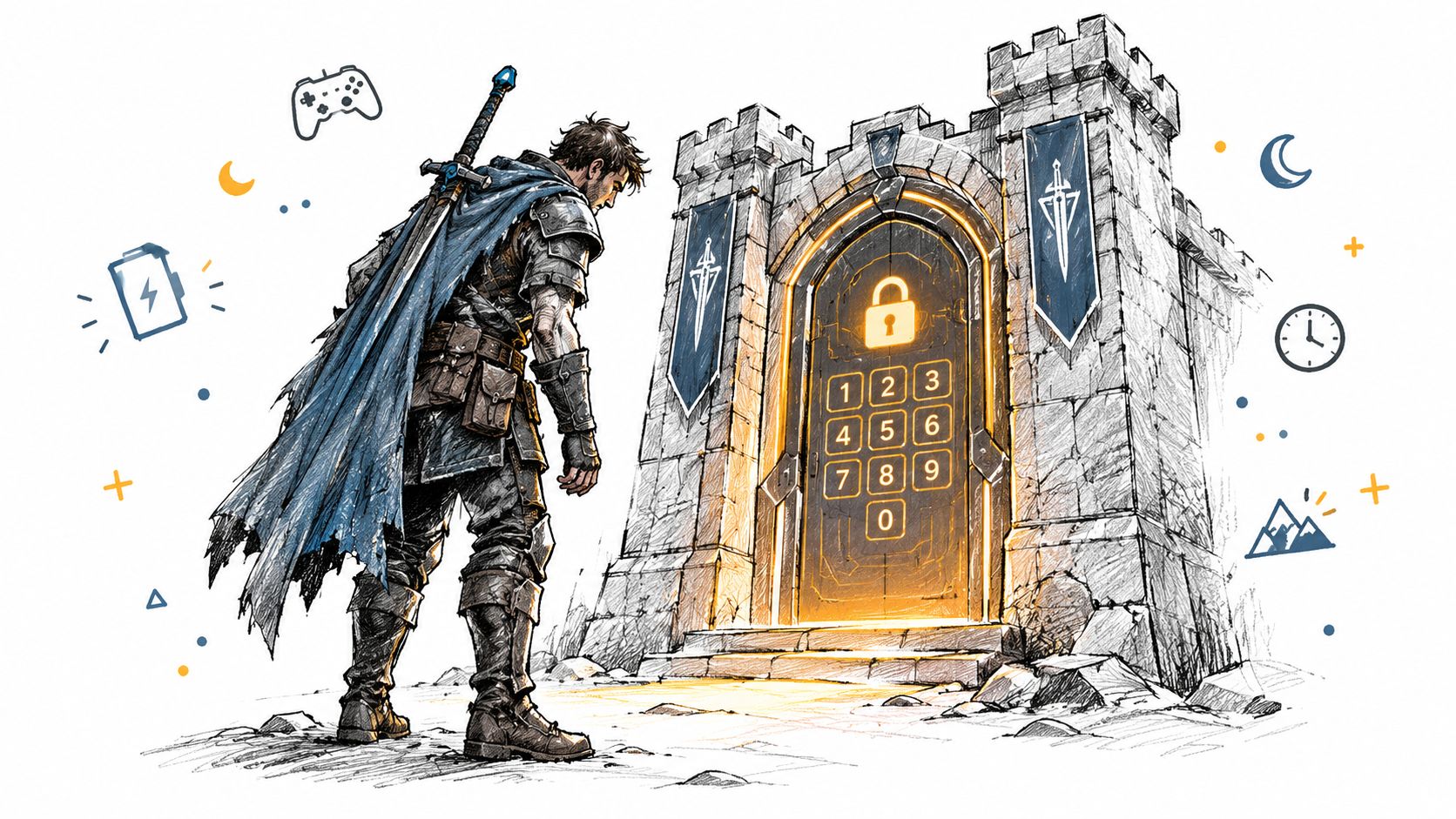 A fantasy warrior standing before a stone castle gate featuring a glowing digital keypad lock.