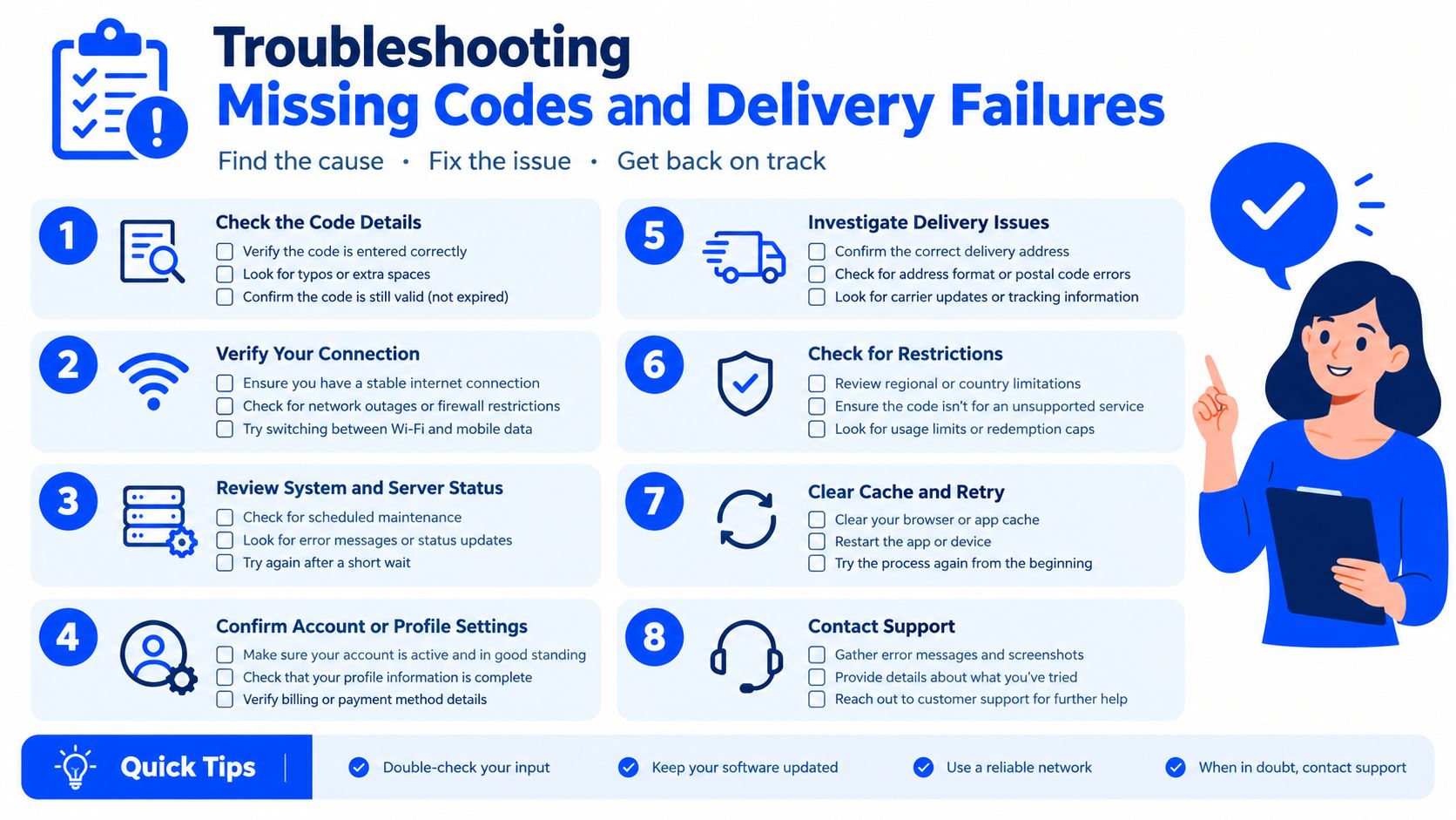 An infographic detailing troubleshooting steps for missing codes and delivery failures with eight clear, actionable points.