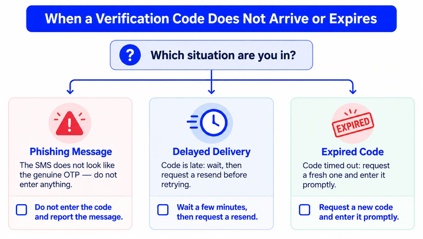 A flowchart explaining how to handle verification code issues like phishing, delayed delivery, or expired codes.