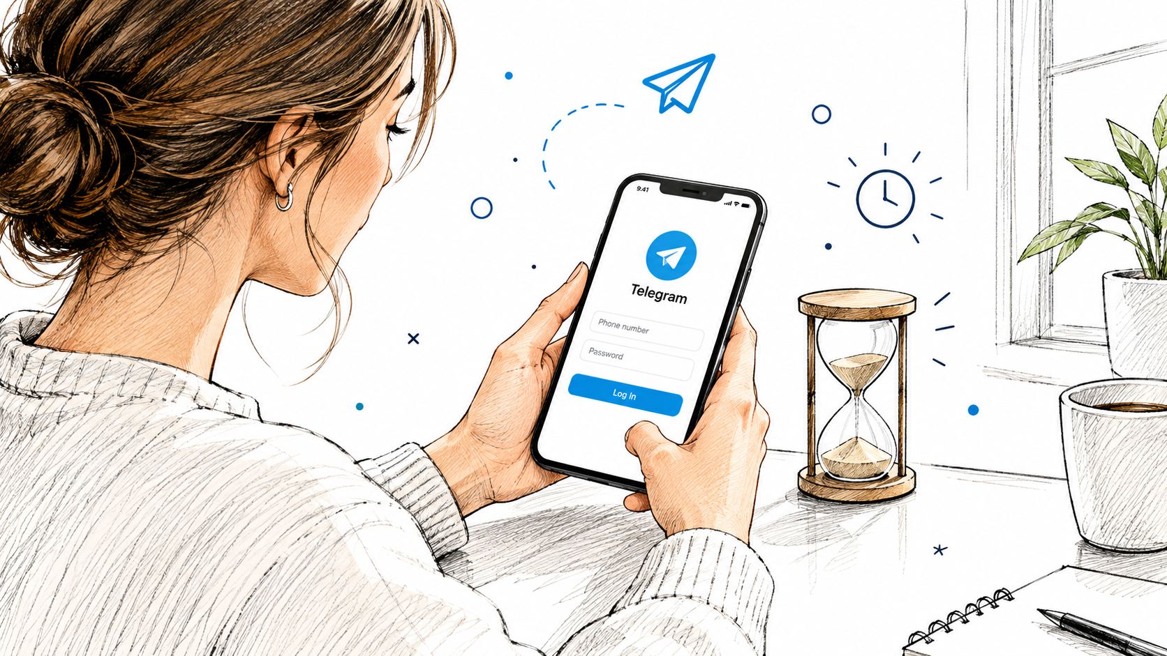 A woman using her smartphone to access the Telegram login screen next to an hourglass on her desk.