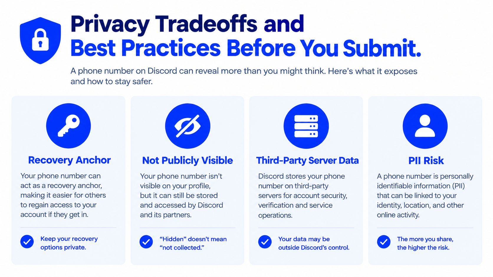 An infographic titled Privacy Tradeoffs and Best Practices explaining the risks of linking phone numbers to Discord accounts.