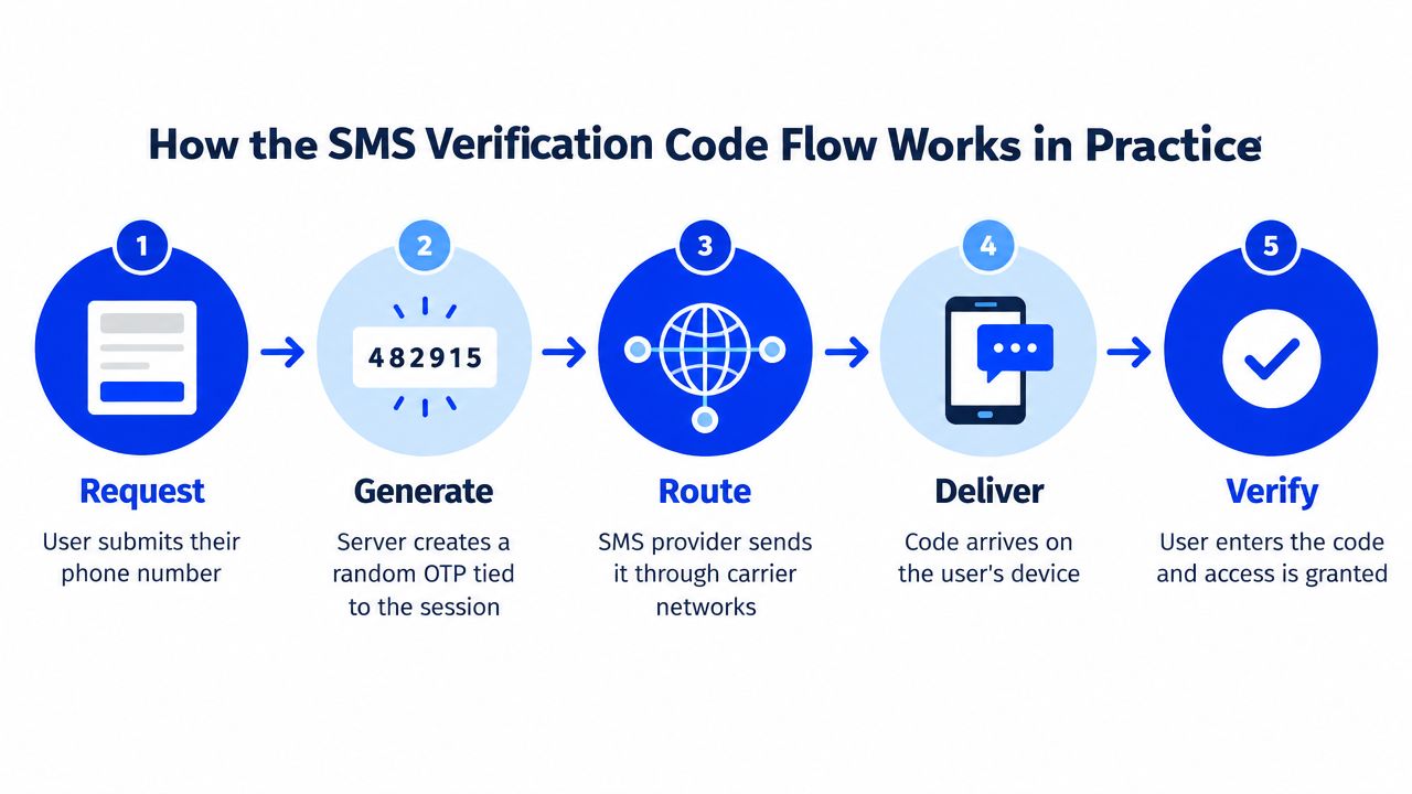A diagram illustrating the five-step process of an SMS verification code flow from request to user verification.