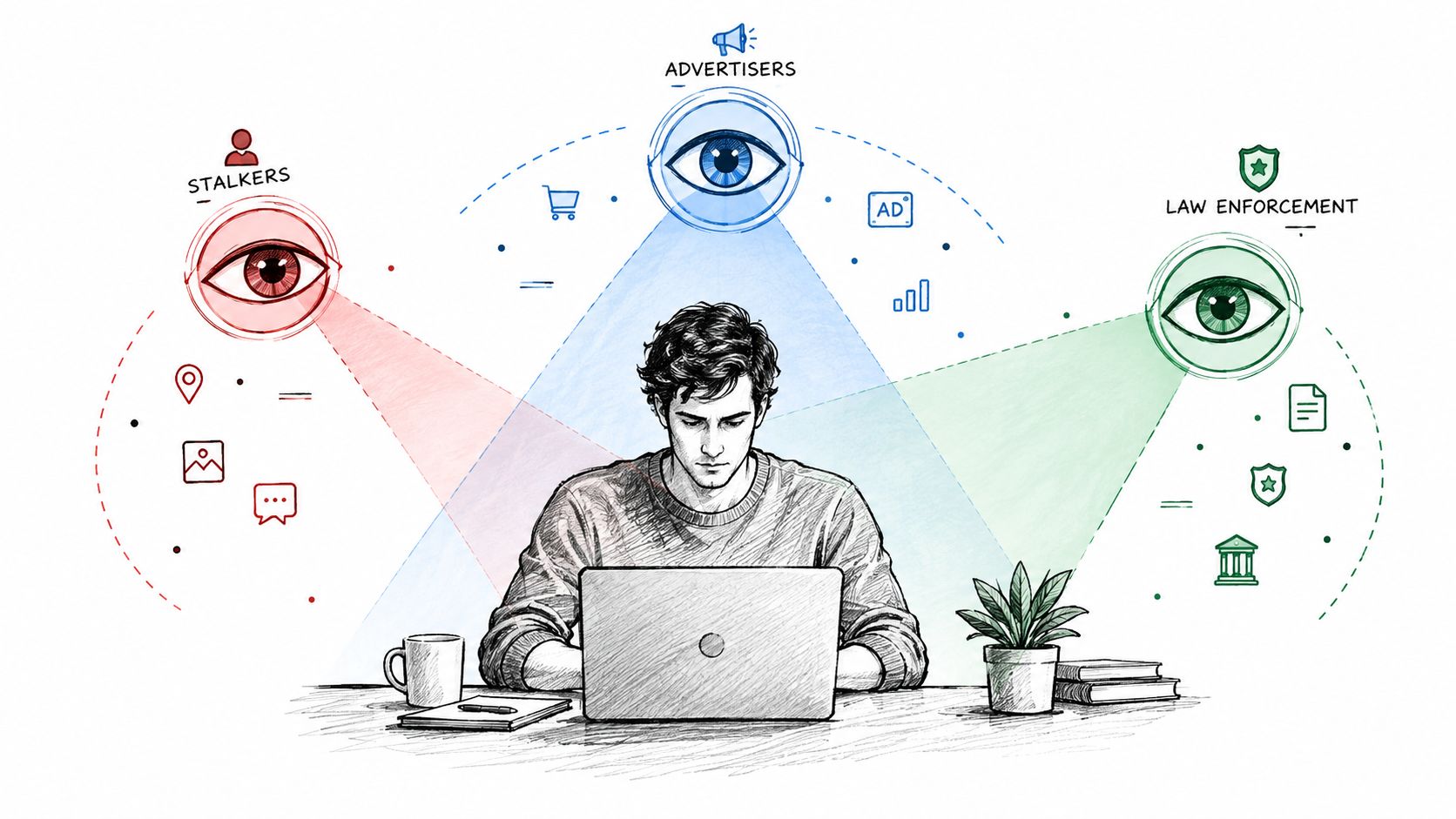 An illustration of a man using a laptop being watched by advertisers, stalkers, and law enforcement agencies.