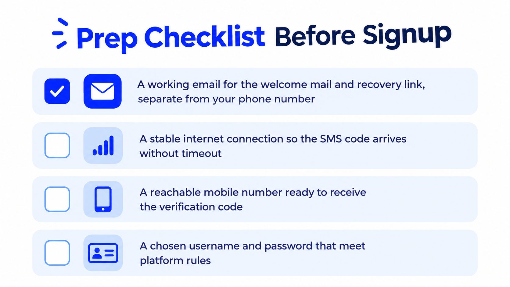 A checklist infographic titled Prep Checklist Before Signup showing four steps required before signing up for an account.