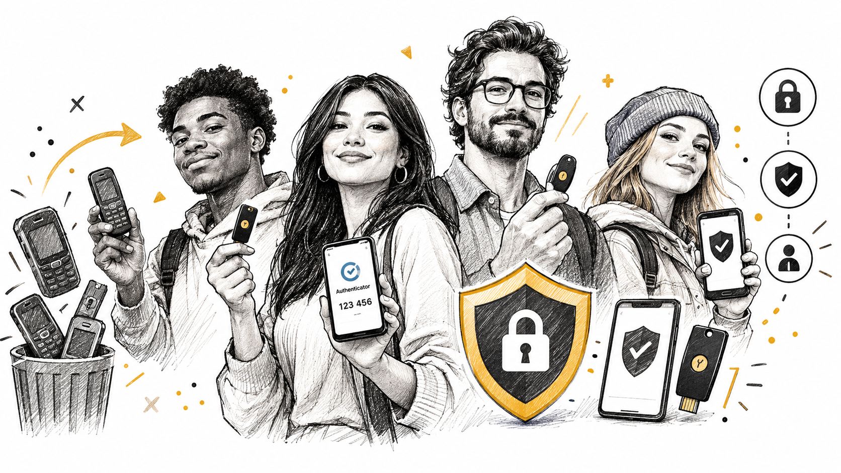 A group of young people promoting modern digital security methods including authentication apps and hardware security keys.