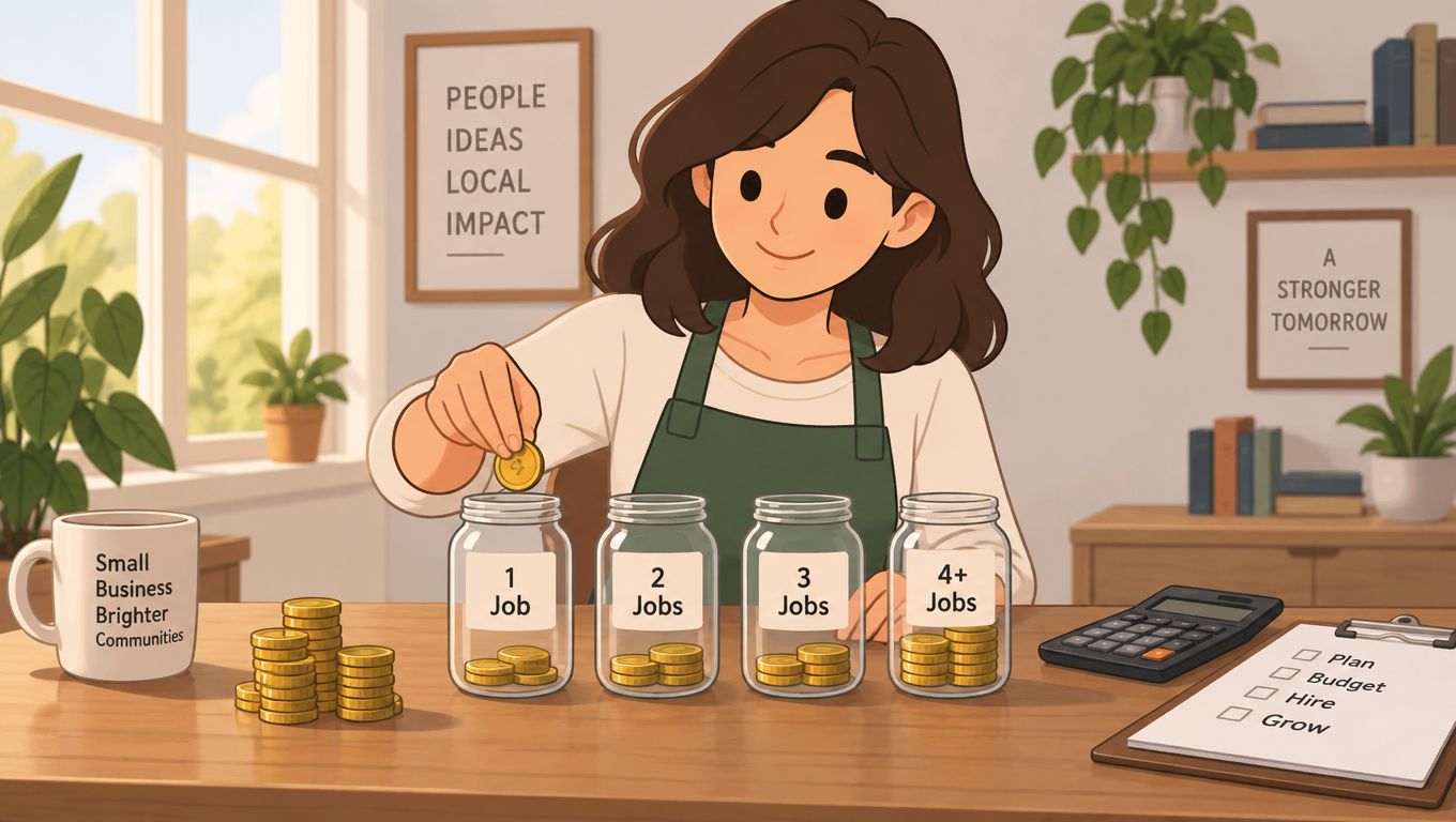 A woman putting a coin into jars labeled by the number of jobs to support small businesses.