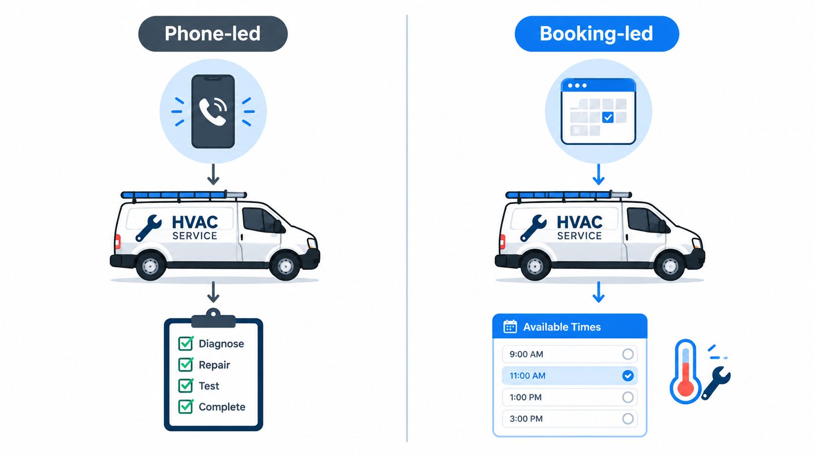 A comparison graphic showing phone-led versus booking-led HVAC service workflows for home service businesses.