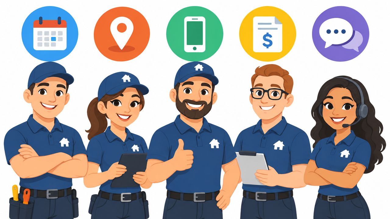 A professional team of home service technicians and a customer support agent standing together smiling.