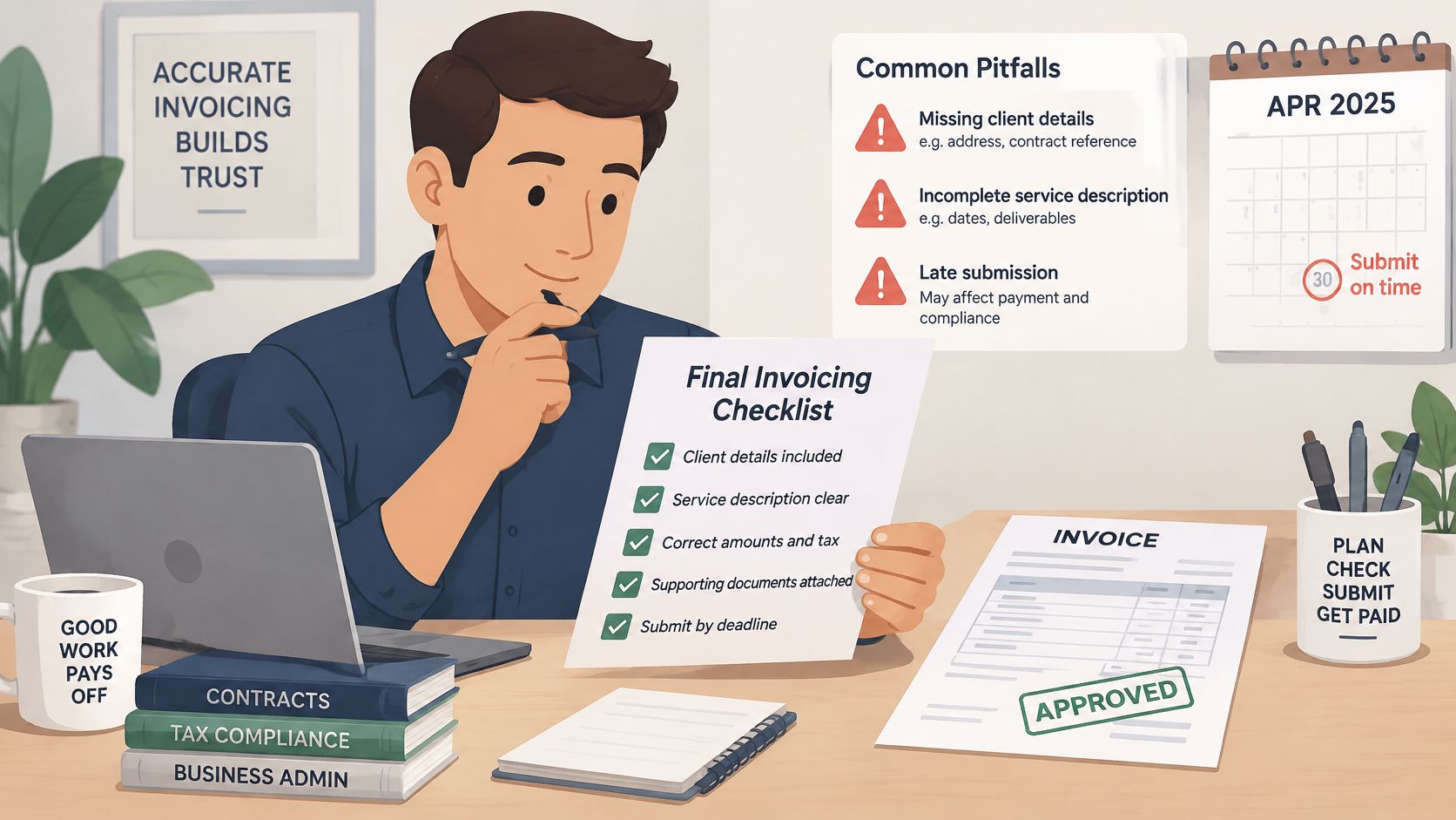 A professional contractor reviewing a final invoicing checklist at a tidy desk with an approved invoice.