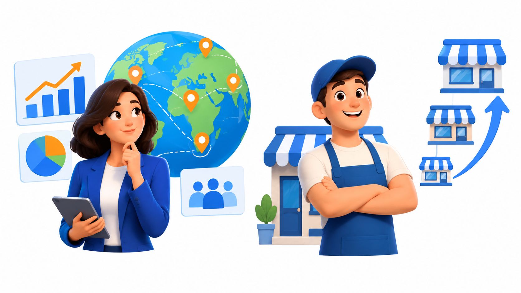 A businesswoman analyzing global data alongside a service professional standing in front of expanding business franchises.