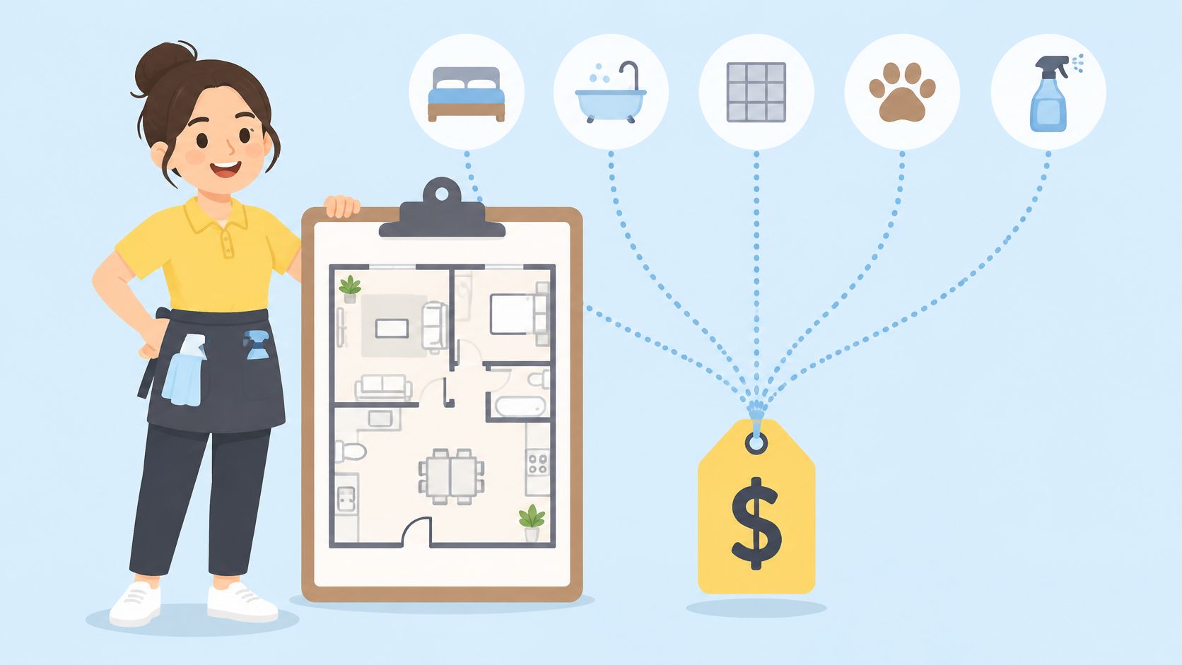 A professional cleaner holding a floor plan clipboard with service icons and a pricing tag symbol.