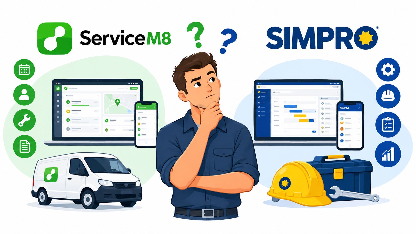 A person choosing between ServiceM8 and Simpro software platforms for field service management needs.