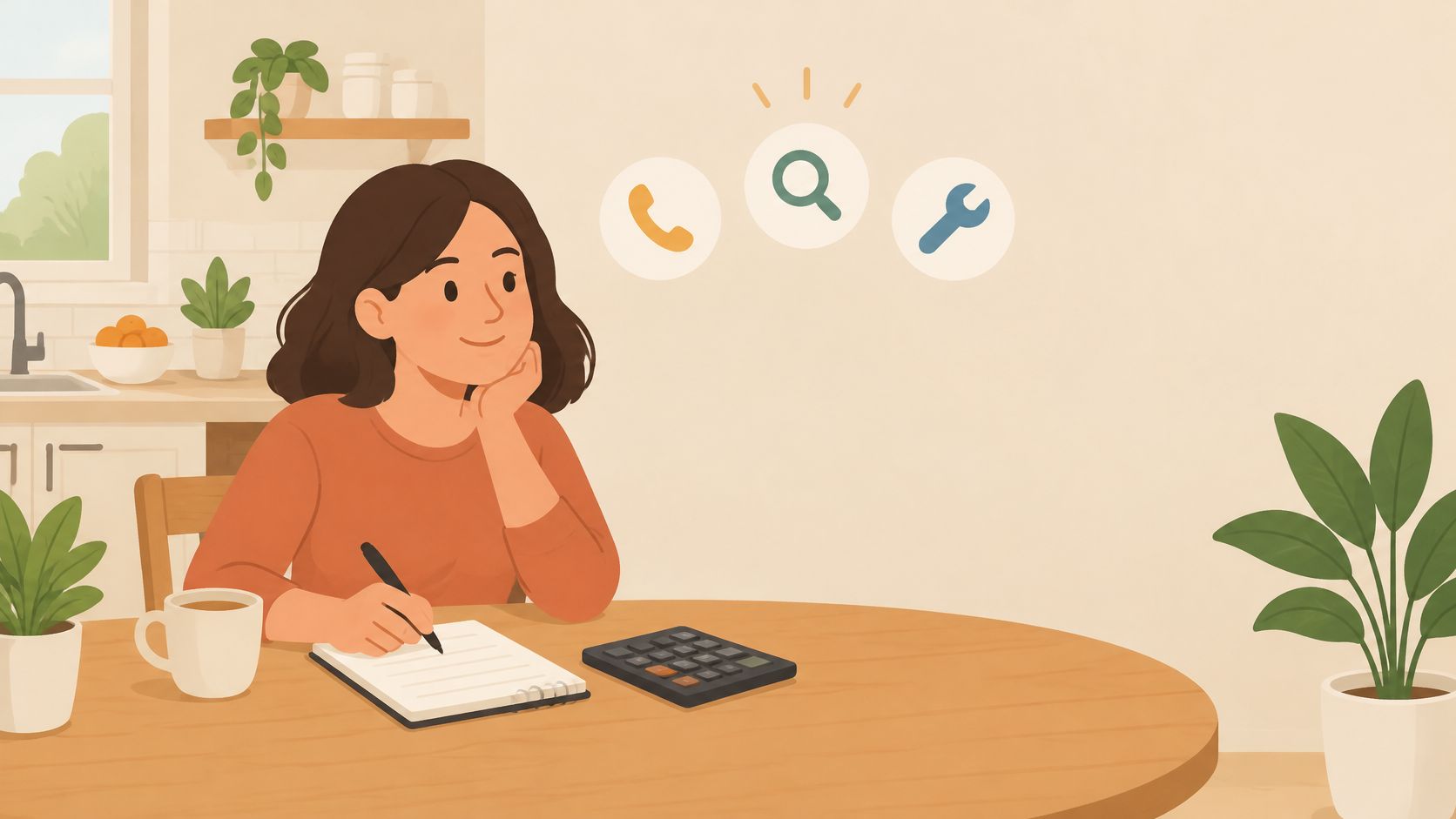 A smiling woman sitting at a table with a calculator and notepad planning her home maintenance tasks.