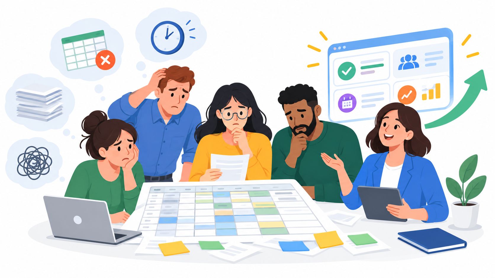 A diverse group of colleagues looking stressed at a planning table while one woman presents a digital solution.