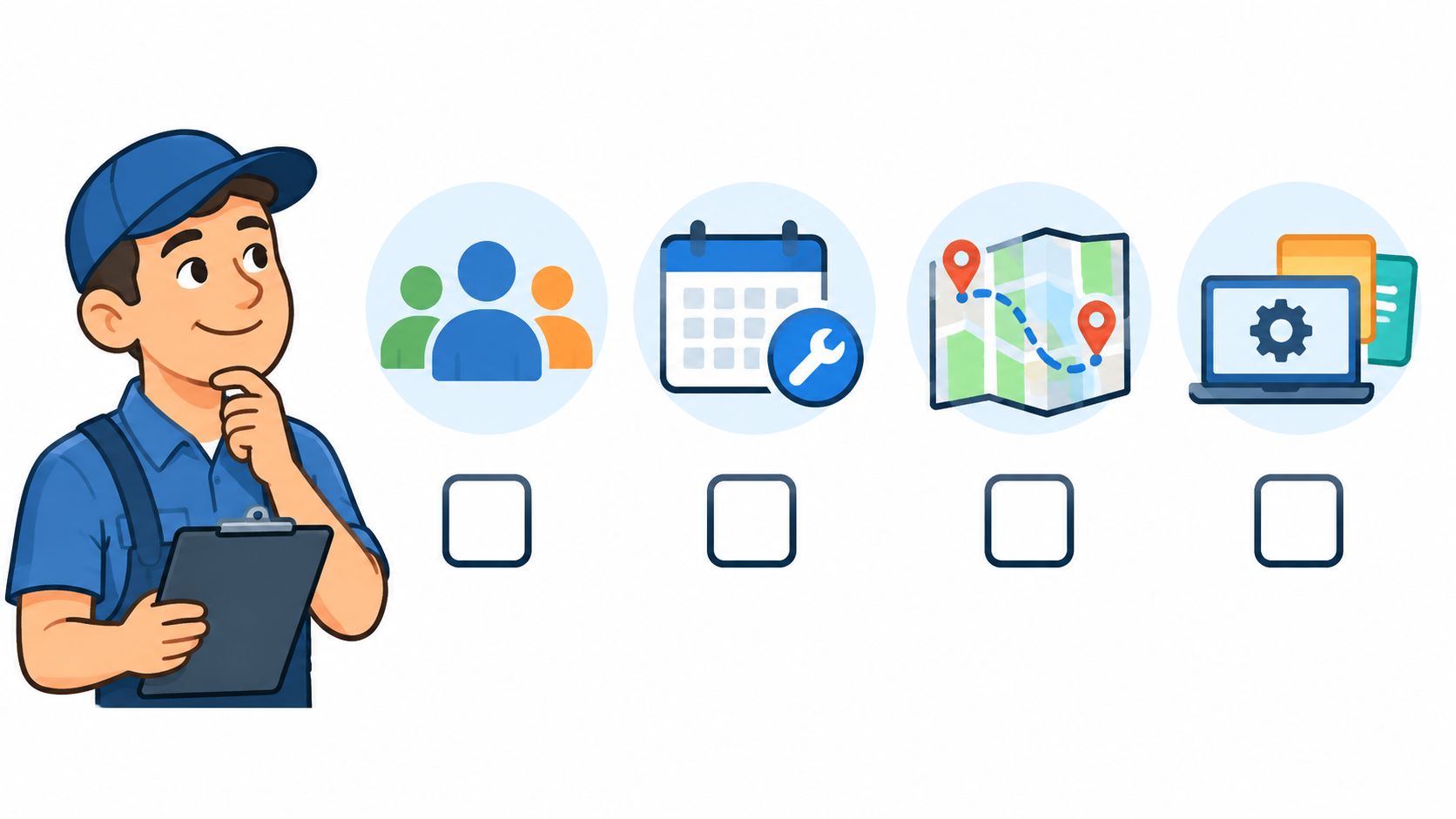 A service technician holding a clipboard next to four icons representing job management software features.